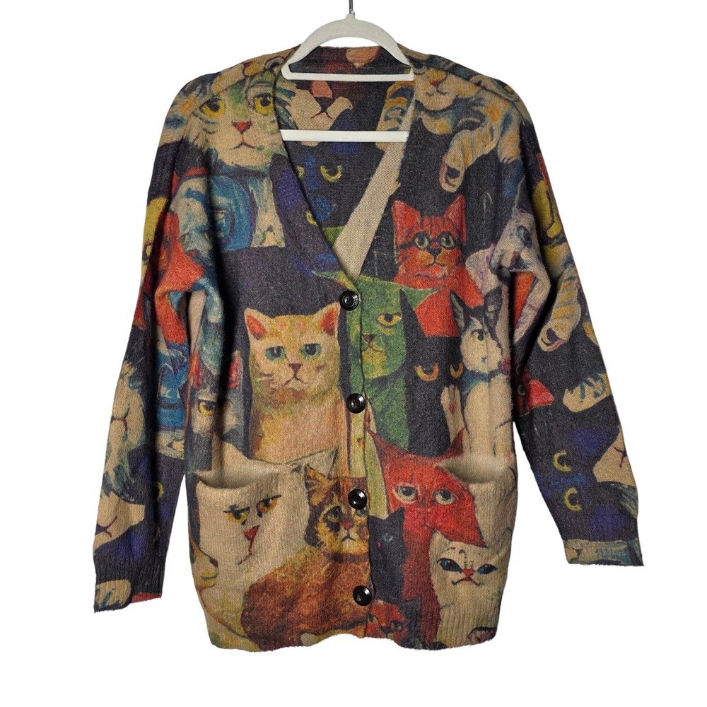 YESNO Cat Print Cardigan Sweater Large Multi Color Wool Blend Kitschy Art 2 Wear